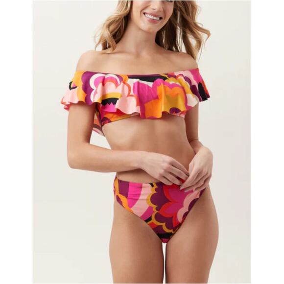 TRINA TURK Women's Fan Faire Off The Shoulder Ruffle Bandeau Swim Top Size 4 - Picture 1 of 8